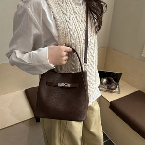 Brown litchi leather bucket handbag for women with classic belt lock and metal hardware