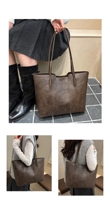 Detail view and model try-on of a vintage brown marble texture PU leather tote bag