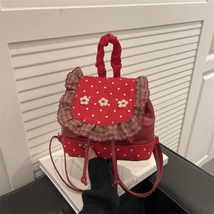 Women Sweet Pastoral Polka Dot Mini Backpack Ruffle Plaid Trim 3D Floral Decoration PU Leather Fashion Travel Small Schoolbag