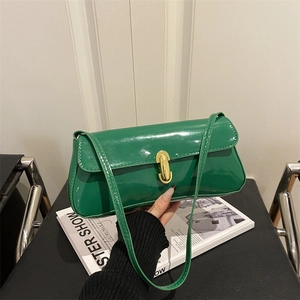 Sac Baguette en Cuir Verni Brillant Vintage pour Femmes Style Français Sac à Bandoulière sous le Bras Avec Serrure Métallique Mode PU