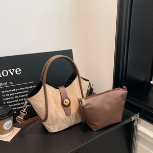 Chic beige pleated bucket bag and brown pouch set with vintage gold hardware for women