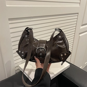 Retro dark brown pleated shoulder bag with buckle detail and metal rivets decoration