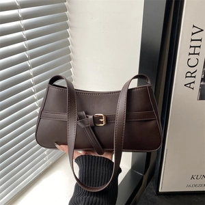 French Vintage Trendy Solid Color PU Leather Underarm Bag For Women Minimalist Commute Shoulder Bag With Belt Buckle Baguette Bag