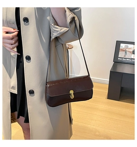 Close-up of retro dark brown leather crossbody bag with iconic gold metal buckle detail