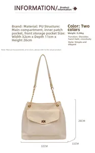 Detailed view showing bag dimensions 32x11x26cm and high-quality PU leather texture