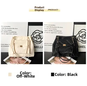 Detailed comparison of off-white and black pleated tote bags with chain straps and gold locks