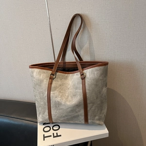 Grand sac cabas rétro en toile grise avec poignées en cuir marron pour femme