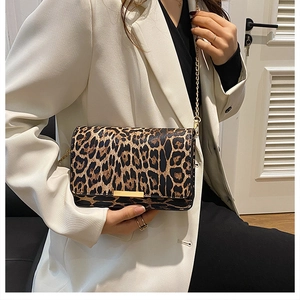 Detailed close-up of leopard print crossbody bag with gold chain and square metal buckle