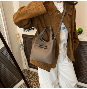 Detailed view of the taupe leather bucket bag featuring a metal buckle and adjustable strap