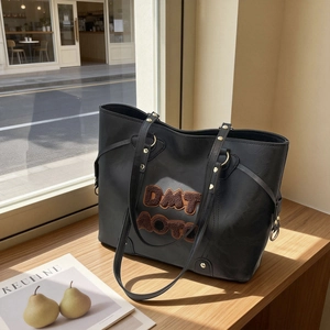 Women Retro PU Leather Large Capacity Tote Bag Letter Patch Shoulder Bag Versatile Casual Commuting Top Handle Handbag