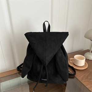 Minimalist black suede backpack featuring cute rabbit ears and a fashion letter print