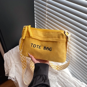Women Corduroy Shoulder Bag With Letter Embroidery Geometric Pattern Wide Strap Casual Tote Crossbody Bag Fashion Handbag