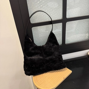 Minimalist black faux fur hobo tote bag for women with leather strap for autumn and winter