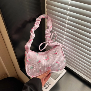 Japanese Sweet Floral Pleated Underarm Bag For Women Rose Pattern Bow Decor PU Leather Shoulder Bag Small Square Handbag
