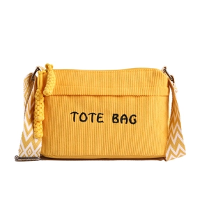 Yellow corduroy tote bag with embroidered letters and geometric woven strap for casual use