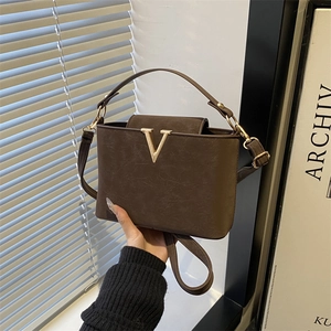 Women Suede Shoulder Bag With Gold V Metal Buckle Urban Simple Crossbody Handbag For Daily Matching Fashion Tote Bag