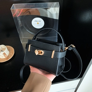 Minimalist black lychee leather handbag with gold twist lock and crossbody strap