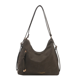 Deep coffee brown large tote bag with adjustable straps and fringe detail on white background