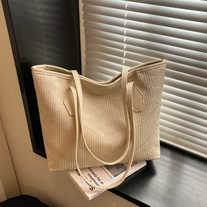 Minimalist beige textured tote bag with large capacity and woven grain for women