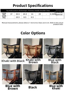 Detailed size chart for minimalist tote bag with belt buckle and dimensions overview