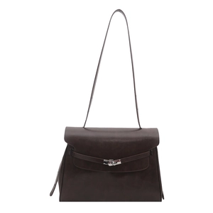 Classic dark brown matte leather tote bag with silver buckle and crossbody strap