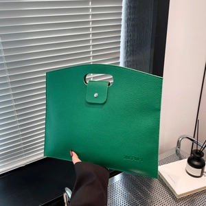 Green lychee pattern leather laptop briefcase with hollow handle and metal buckle