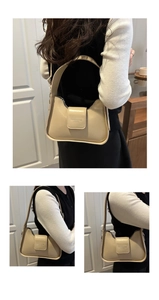 Three-way view of beige hobo shoulder bag with fold-over buckle and leather texture