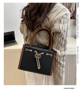 Close-up of black and brown leather handbag with gold chain and dual-ring buckle