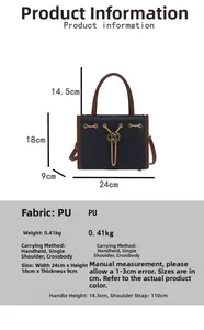 Detailed dimension guide for large black PU leather tote bag with gold chain strap