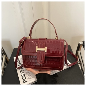 Detailed macro view of wine red crocodile pattern leather with metallic H-buckle and handle