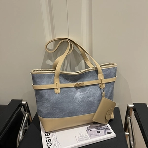 Fashion Women Large Capacity PU Leather Tote Bag Color Block Shoulder Bag With Mini Pouch Belt Buckle Metal Lock Handbag