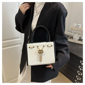 Close-up of contrast color handbag with golden chain detail and lychee texture