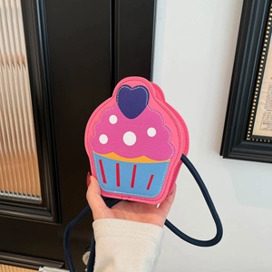 Cute Cupcake Shaped Kids Shoulder Bag PU Leather Mini Crossbody Bag Colorful Contrast Heart Pattern Girls Fashion Accessory