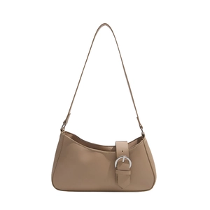 Elegant khaki crescent baguette bag with silver metal buckle and slim shoulder strap
