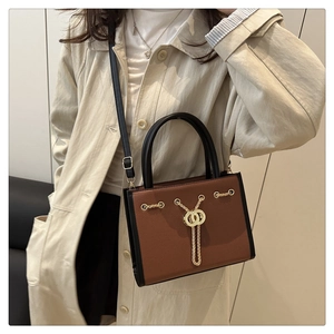 Detailed close-up of brown and black two-tone handbag with gold chain and buckle decor