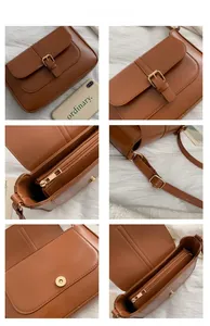 Detailed views of brown PU leather shoulder bag showing magnetic clasp and stitching