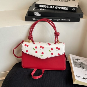 French Style Women PU Leather Handbag Cherry Strawberry Bear Print Crossbody Bag Sweet Small Square Shoulder Bag With Knot Handle