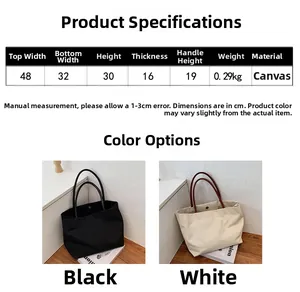 Detailed size chart for large canvas tote bag with specific dimensions and color options