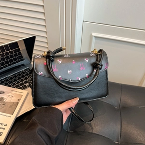 French style cherry pattern mini square handbag with pink bow and knot handle