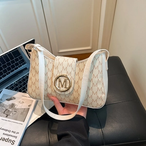 Retro cream canvas tote bag with M letter pattern and golden metal buckle clasp