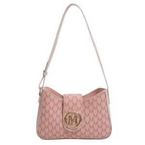 Elegant pink underarm bag featuring repeated M letter prints and golden metal logo