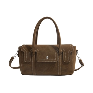 Vintage brown matte rectangular handbag with silver buckle and contrast stitching details