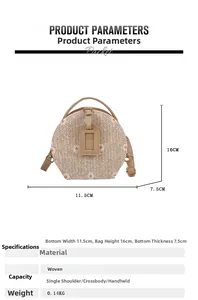 Détails du sac tressé avec broderie marguerite et tableau des tailles 11,5x16x7,5 cm