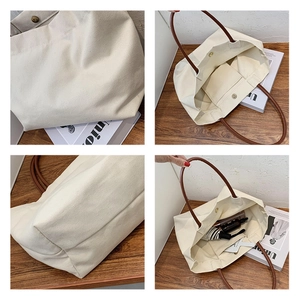 Detail shots of beige canvas tote bag showing magnetic buckle and inner pocket