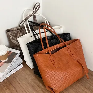 Classic woven leather tote bags in four colors with large capacity and long handles