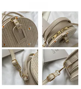 Détails du sac à bandoulière rond tressé avec broderie marguerite et dorures