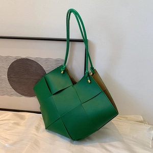 Women Large Capacity Intrecciato Weave Tote Bag PU Leather Retro Shoulder Bag Solid Color Elegant Minimalist Office Handbag