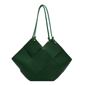 Dark green woven leather tote bag with gold metal buckles and stylish dual handles