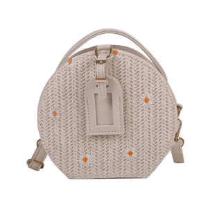 Sac bandoulière rond tressé à la mode avec broderie marguerite et bandoulière