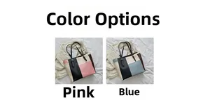Detailed comparison of pink and blue patchwork PU leather tote bags on a textured surface